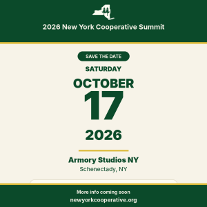 Save the Date graphic for the 2026 New York Cooperative Summit, Saturday October 17, 2026, at Armory Studios NY in Schenectady.